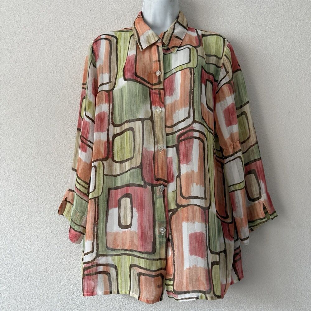 Alfred Dunner Button Front Tunic Blouse Size 14 Multicolor Geometric Woven Sheer